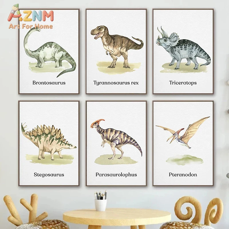 Kids Education Name - Cuadro decorativo de dinosaurios en acuarela